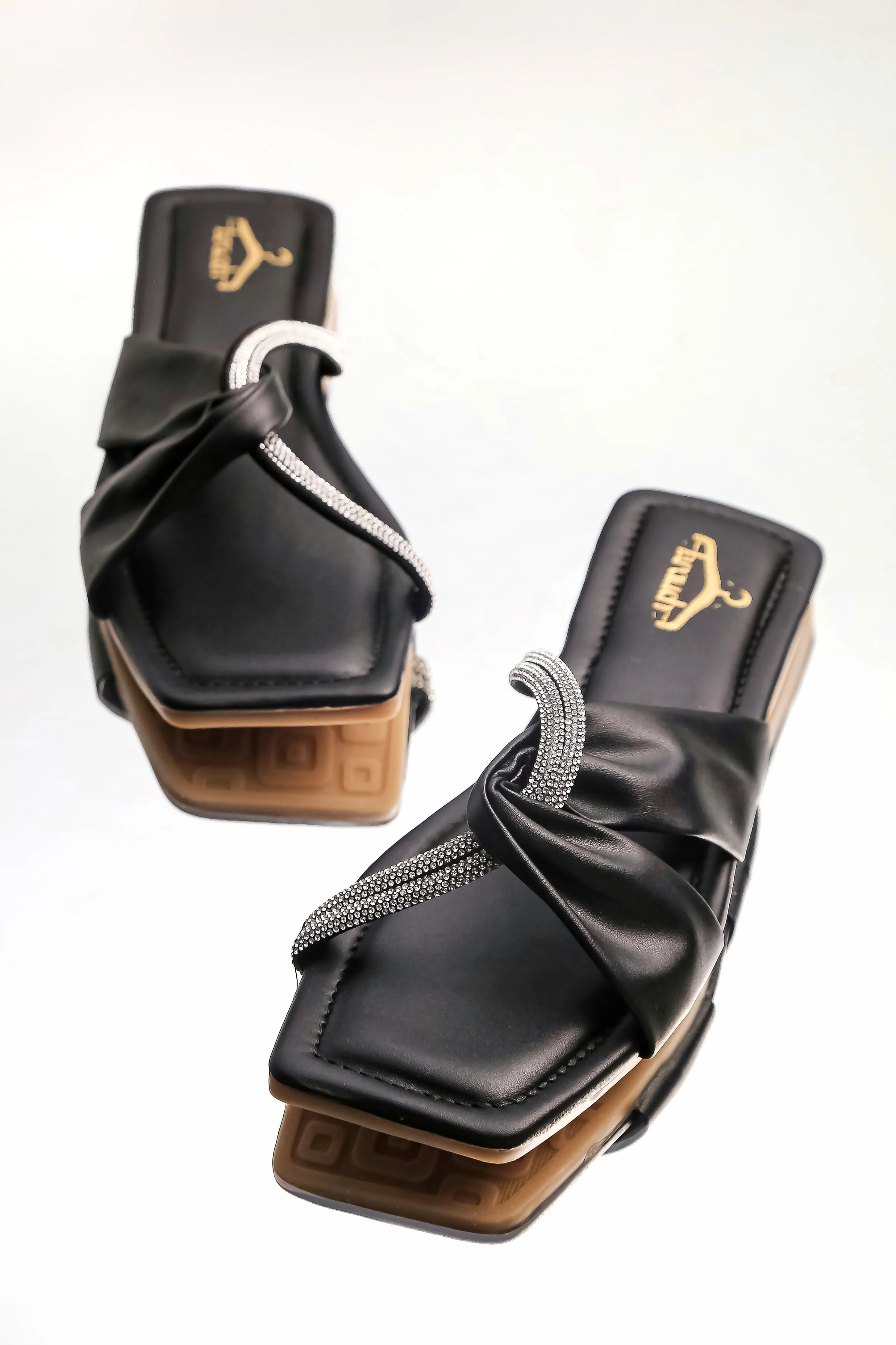 Brauch Women Black Cross Strap Rhinestone Flats