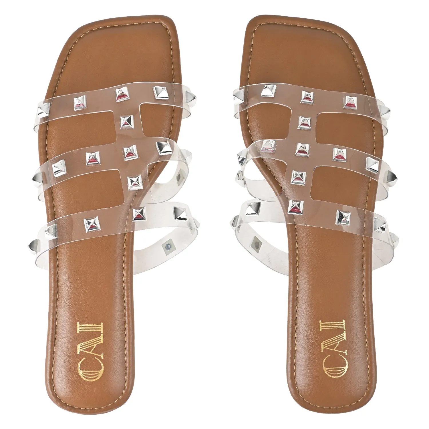 Clear Strap Tan Studded Flats