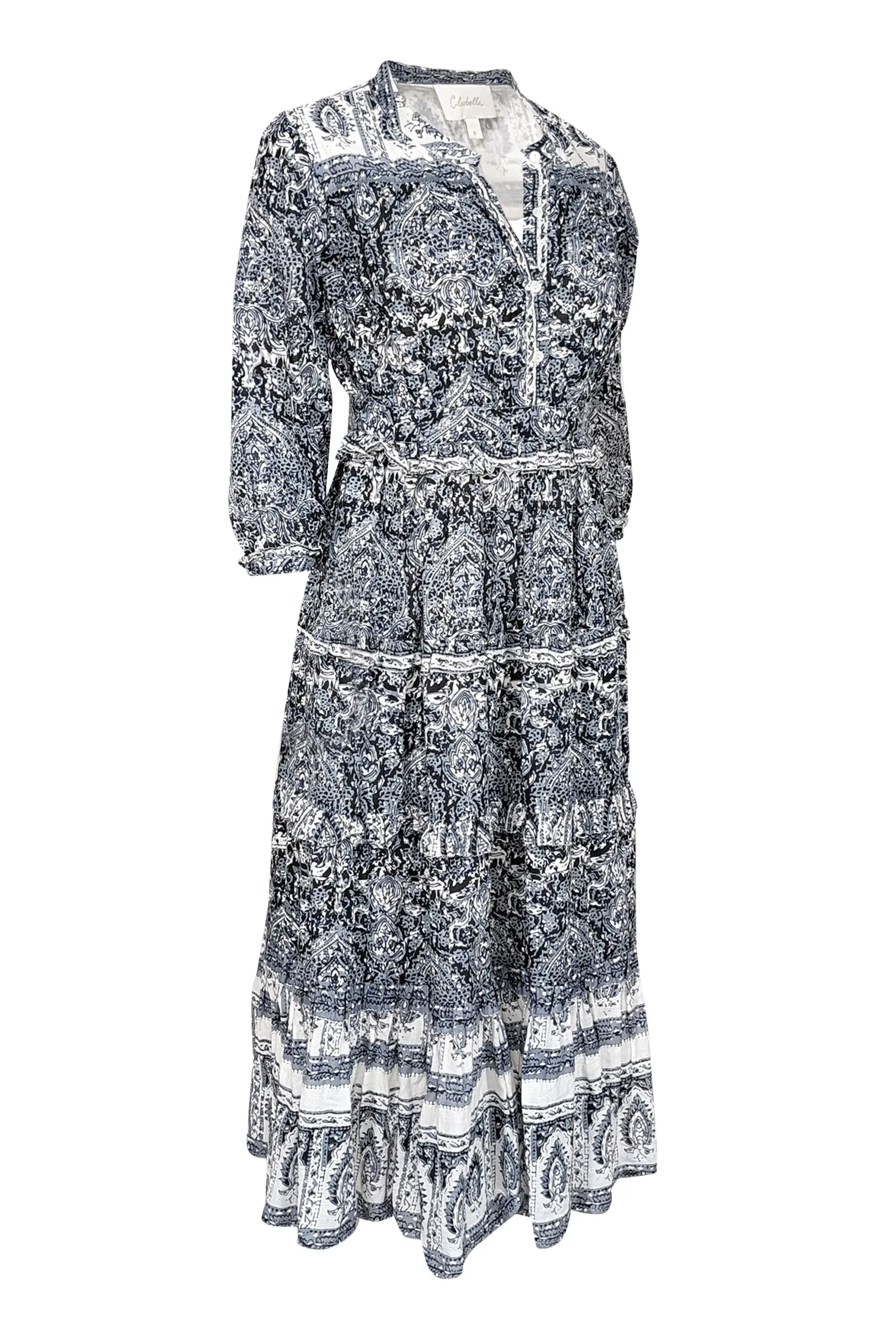 Cleobella - Grey, White, & Black Print Tiered Maxi Dress Sz S