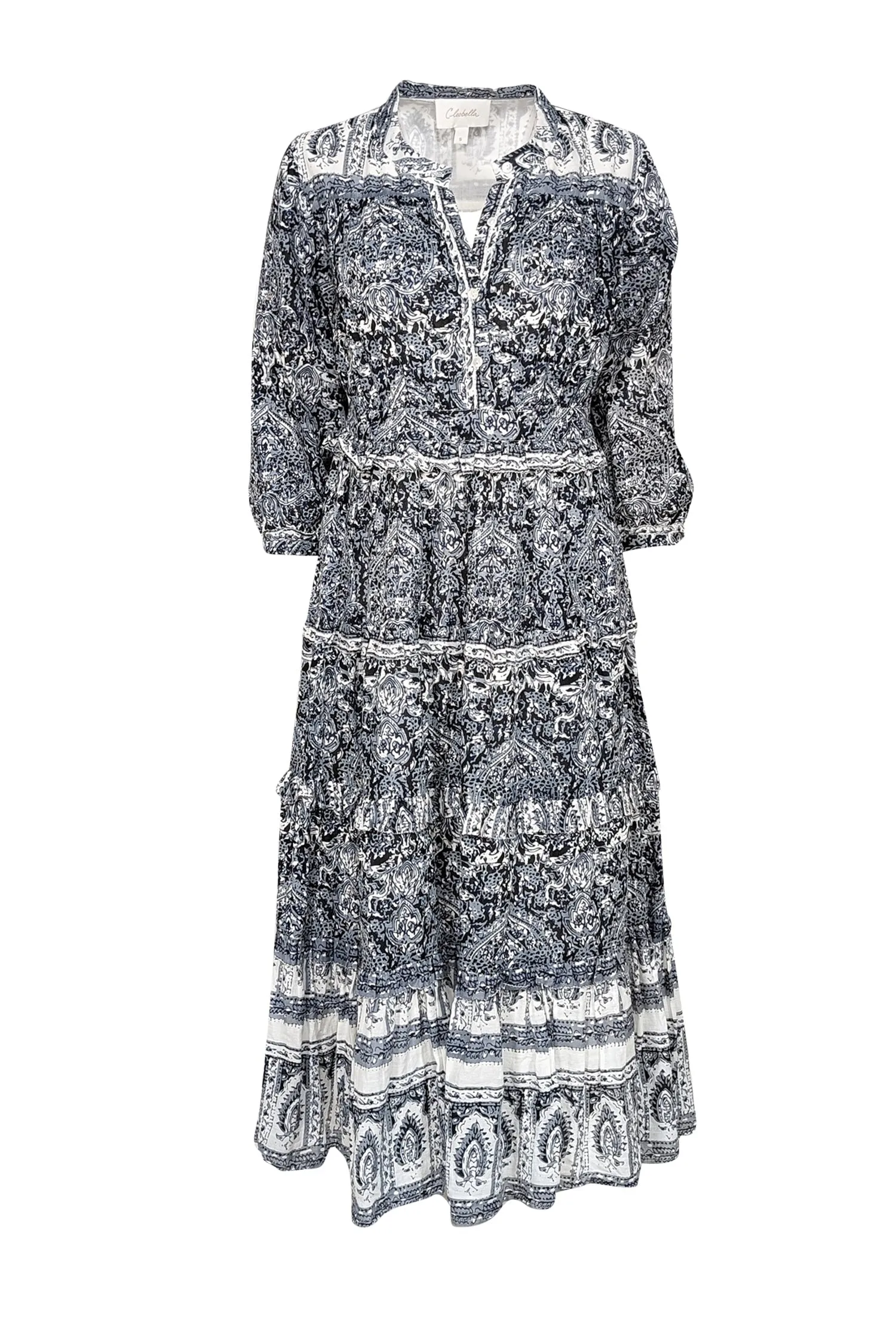 Cleobella - Grey, White, & Black Print Tiered Maxi Dress Sz S