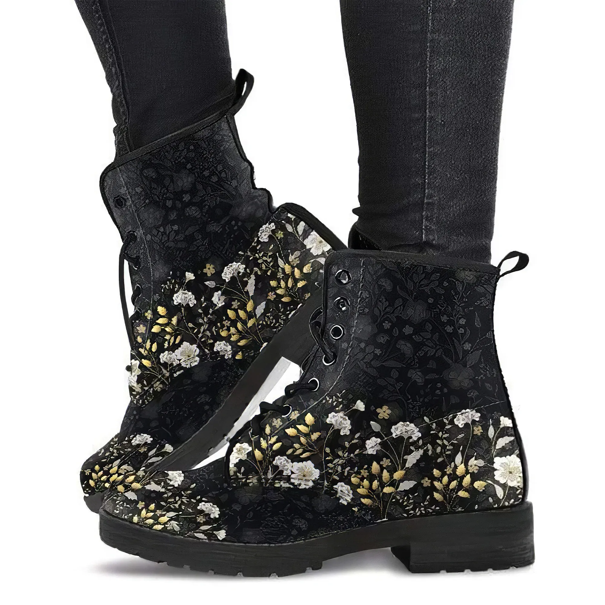 Combat Boots for Women - Floral Pattern 2 Handcrafted Boots (Black) | Unique Custom Faux Leather Shoes, Cruelty-free Vegan Handmade Lace Up