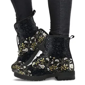 Combat Boots for Women - Floral Pattern 2 Handcrafted Boots (Black) | Unique Custom Faux Leather Shoes, Cruelty-free Vegan Handmade Lace Up