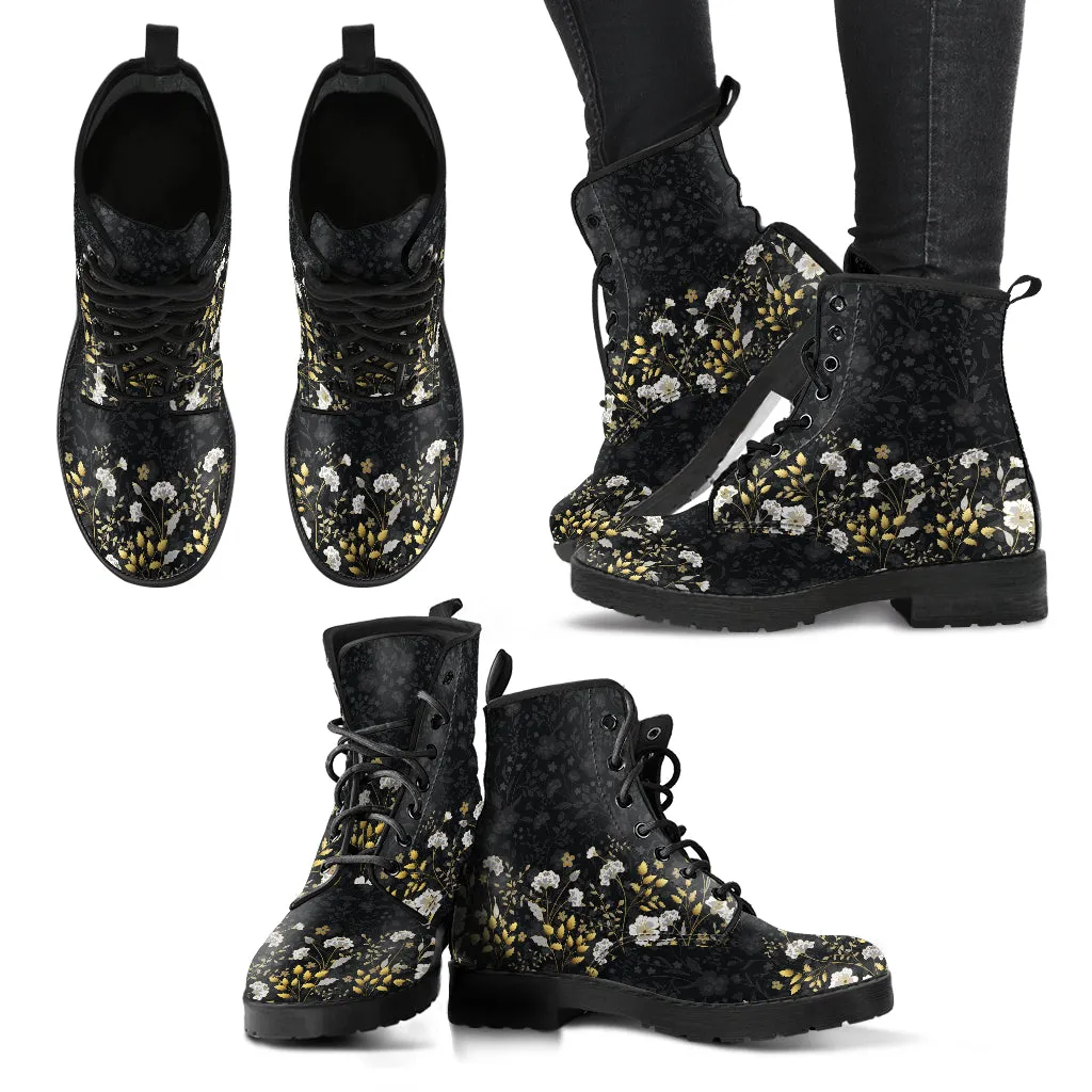 Combat Boots for Women - Floral Pattern 2 Handcrafted Boots (Black) | Unique Custom Faux Leather Shoes, Cruelty-free Vegan Handmade Lace Up
