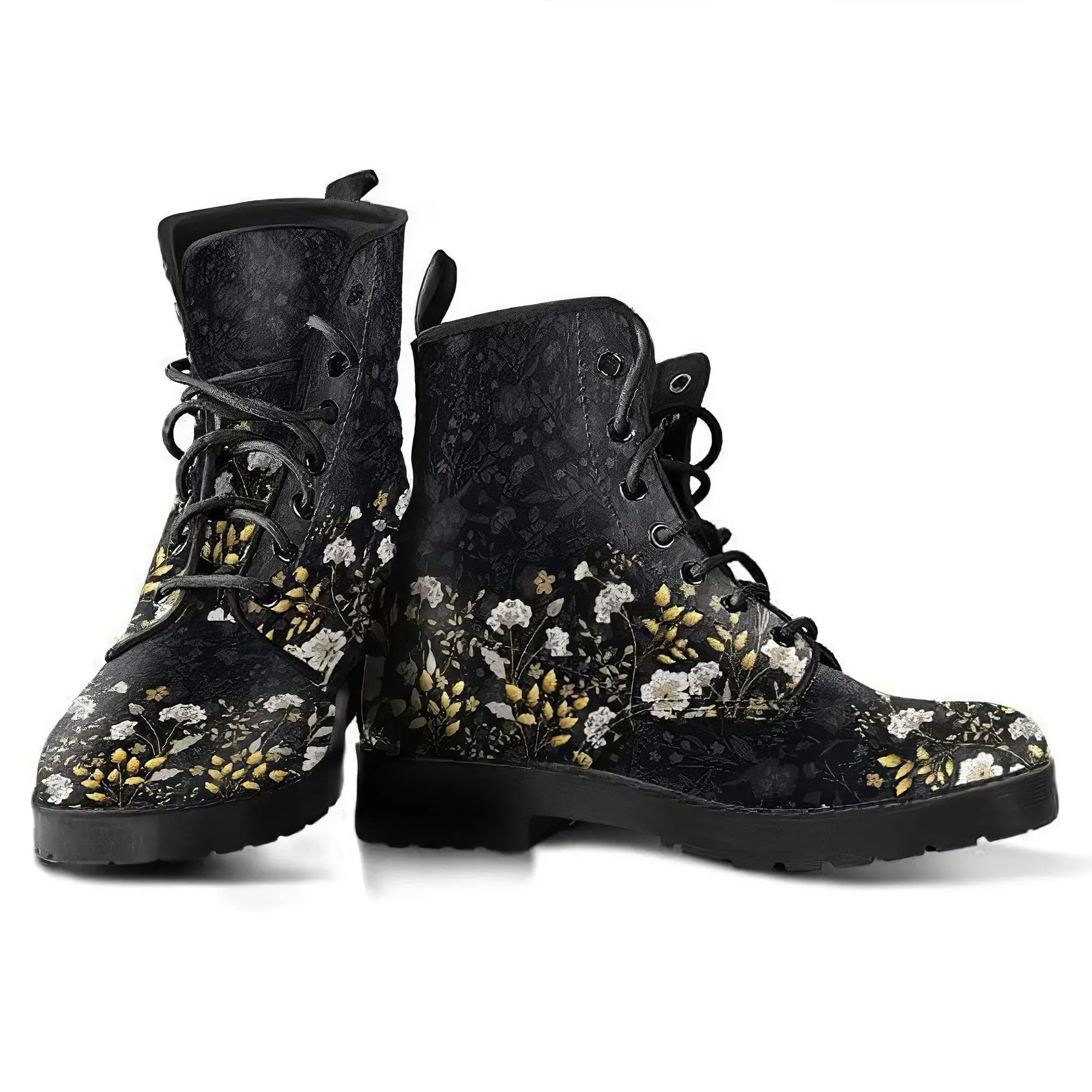 Combat Boots for Women - Floral Pattern 2 Handcrafted Boots (Black) | Unique Custom Faux Leather Shoes, Cruelty-free Vegan Handmade Lace Up