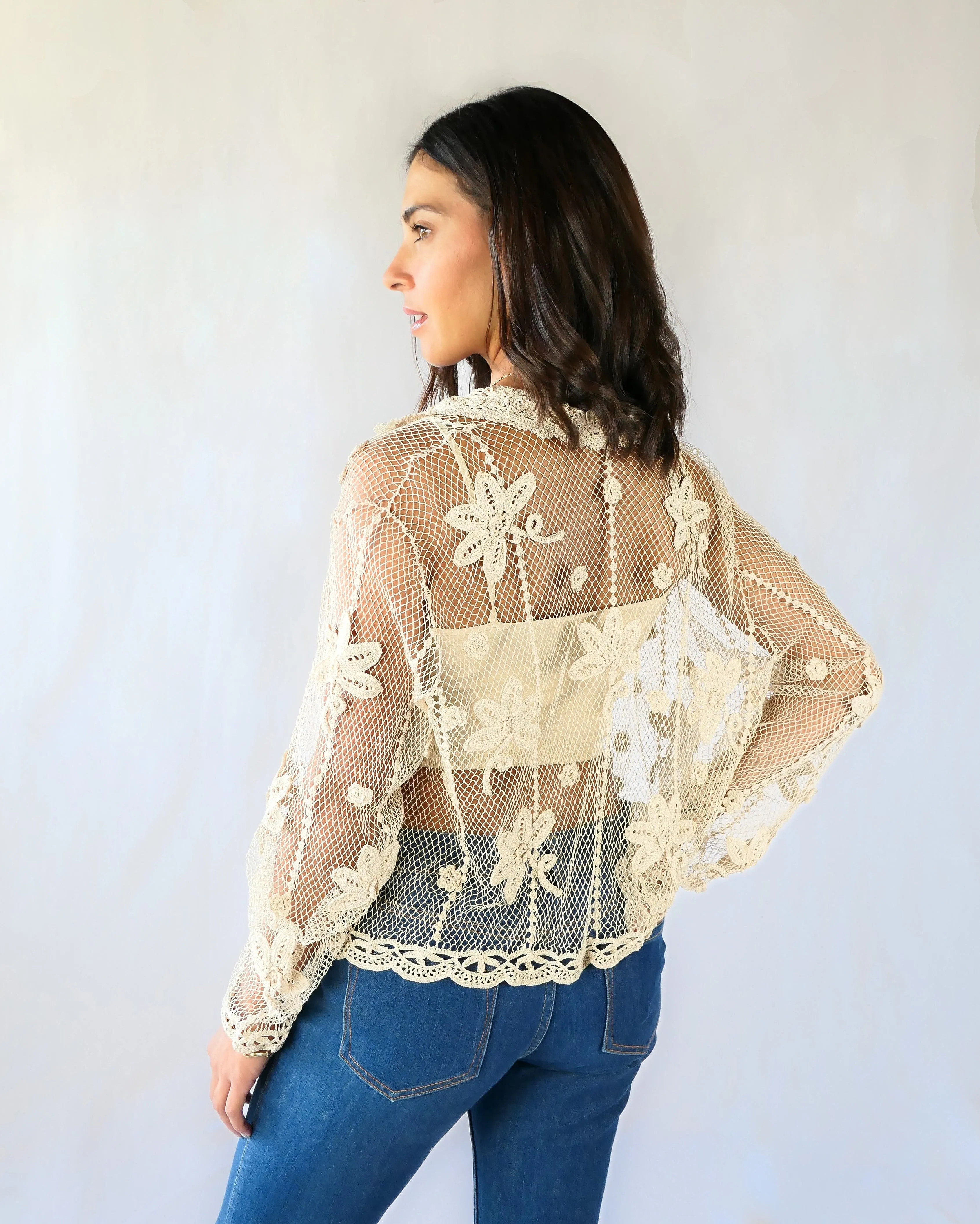 Hand Crocheted Sheer Long Sleeve Cardigan with Daisy Floral Motif