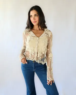 Hand Crocheted Sheer Long Sleeve Cardigan with Daisy Floral Motif