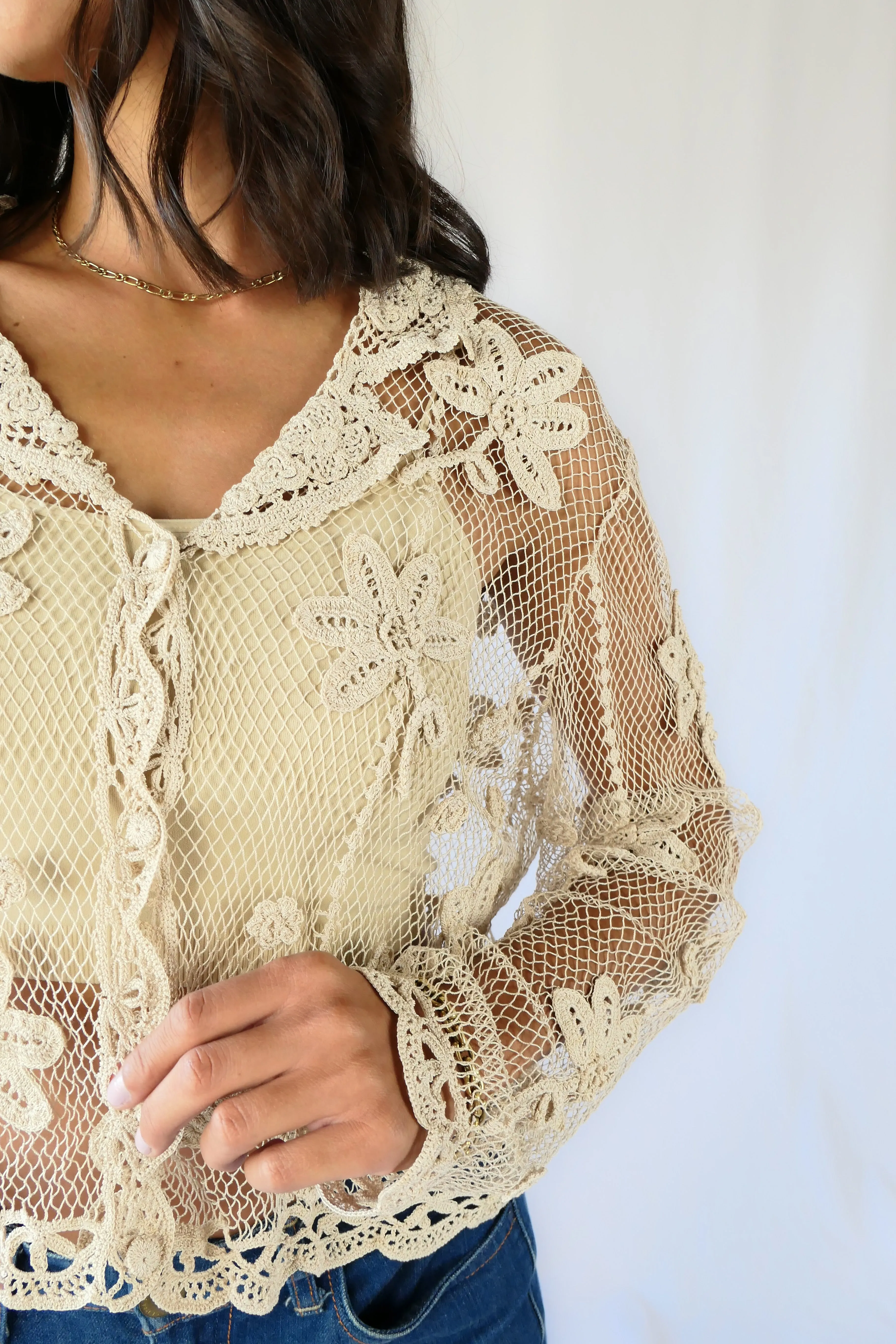 Hand Crocheted Sheer Long Sleeve Cardigan with Daisy Floral Motif