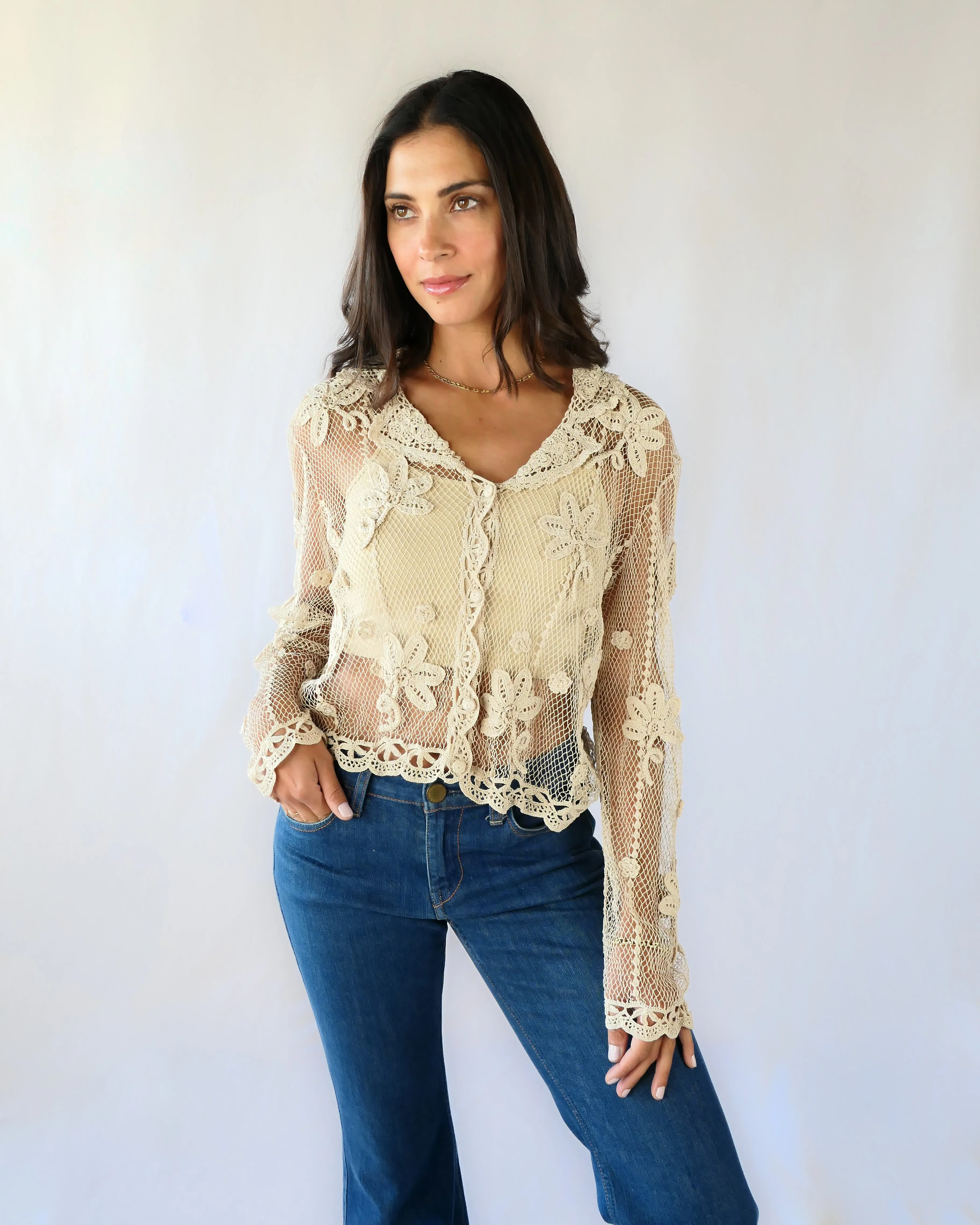 Hand Crocheted Sheer Long Sleeve Cardigan with Daisy Floral Motif