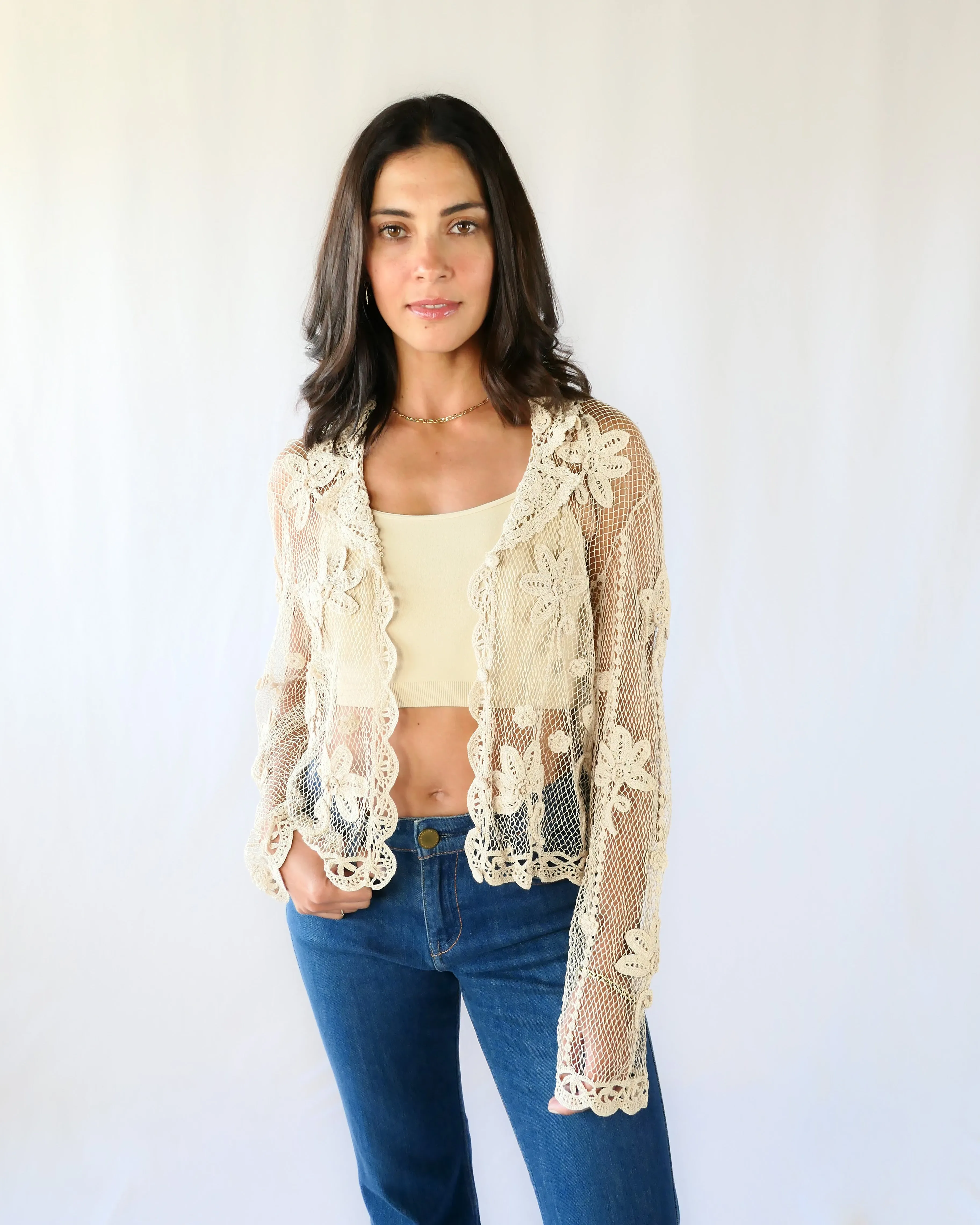 Hand Crocheted Sheer Long Sleeve Cardigan with Daisy Floral Motif