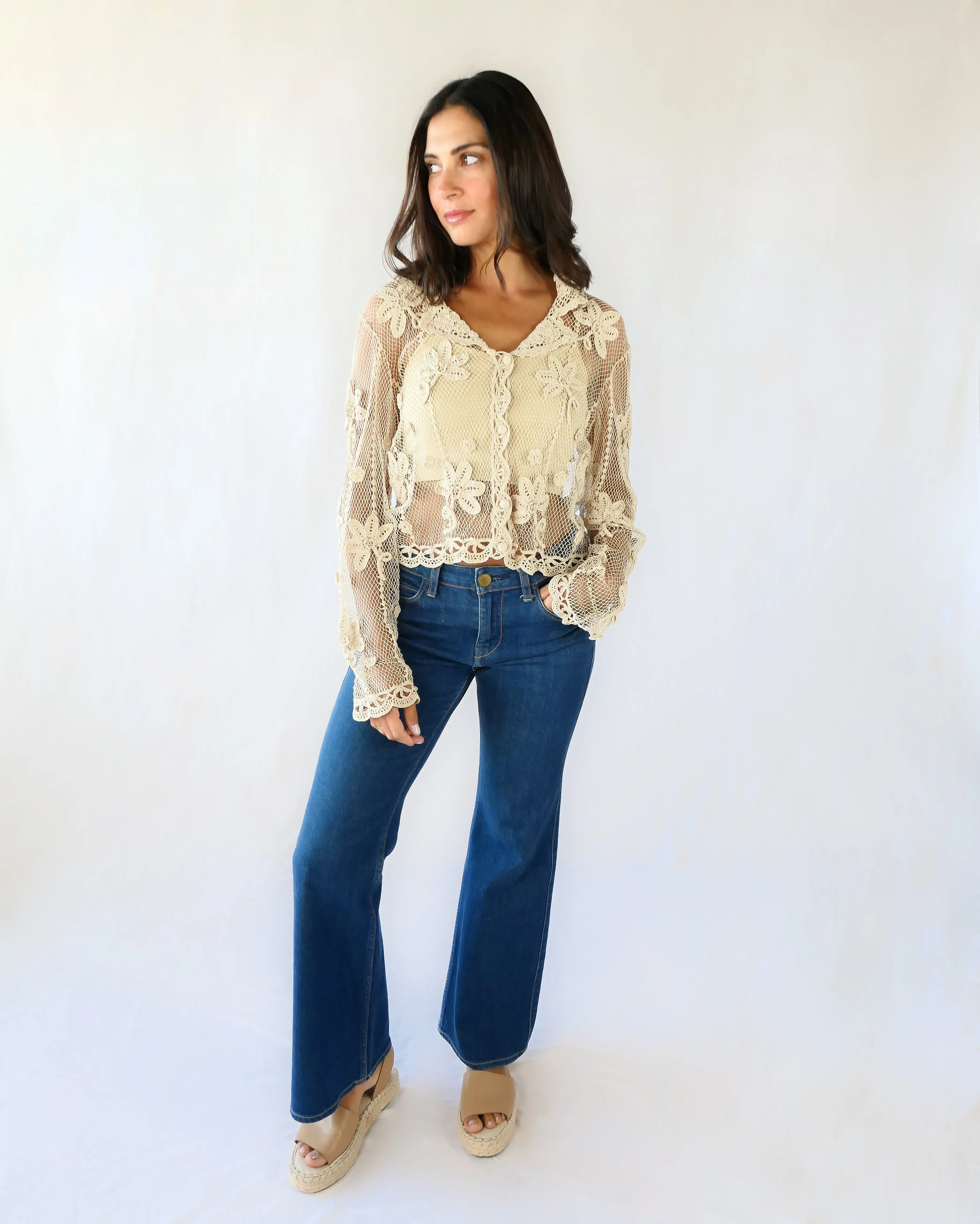 Hand Crocheted Sheer Long Sleeve Cardigan with Daisy Floral Motif