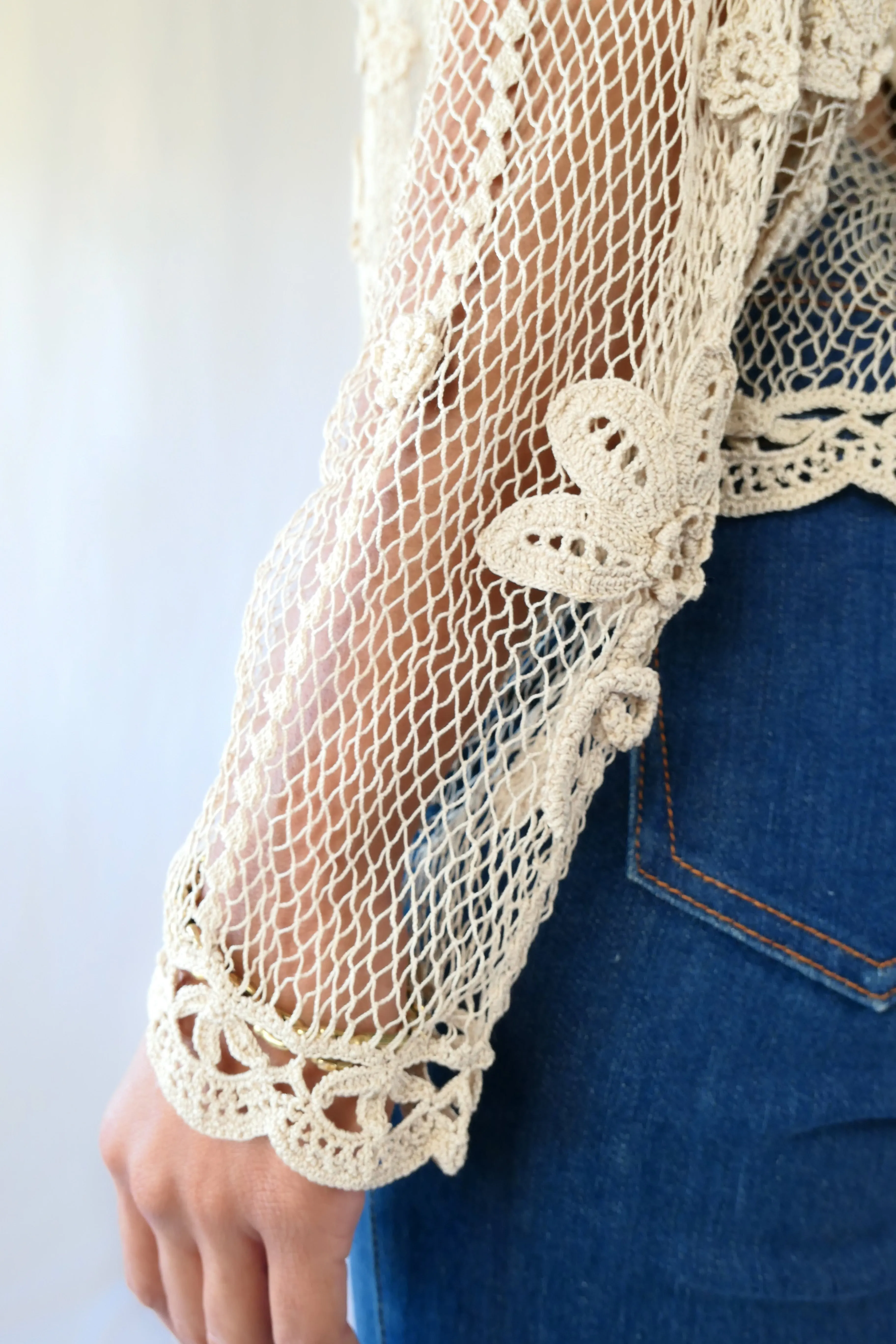 Hand Crocheted Sheer Long Sleeve Cardigan with Daisy Floral Motif
