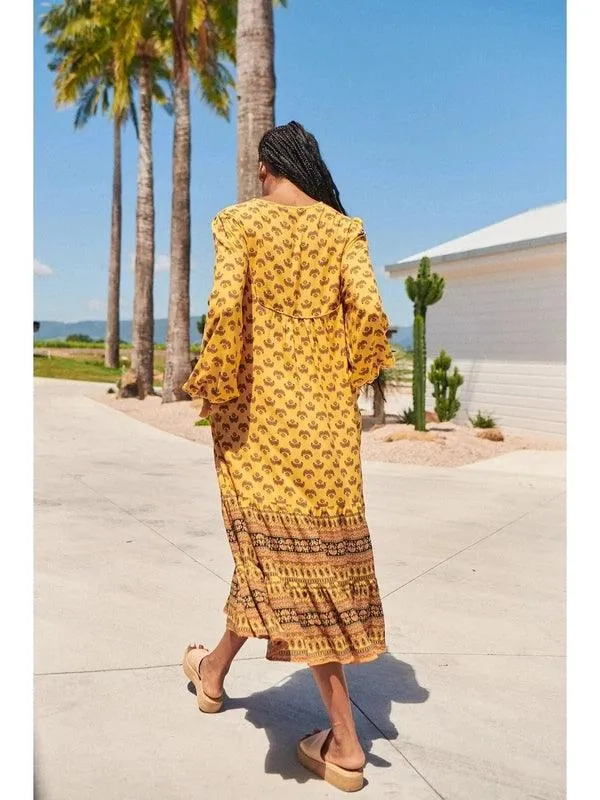 JAASE Sun Beam Print Liliana Midi Dress - Mustard Yellow