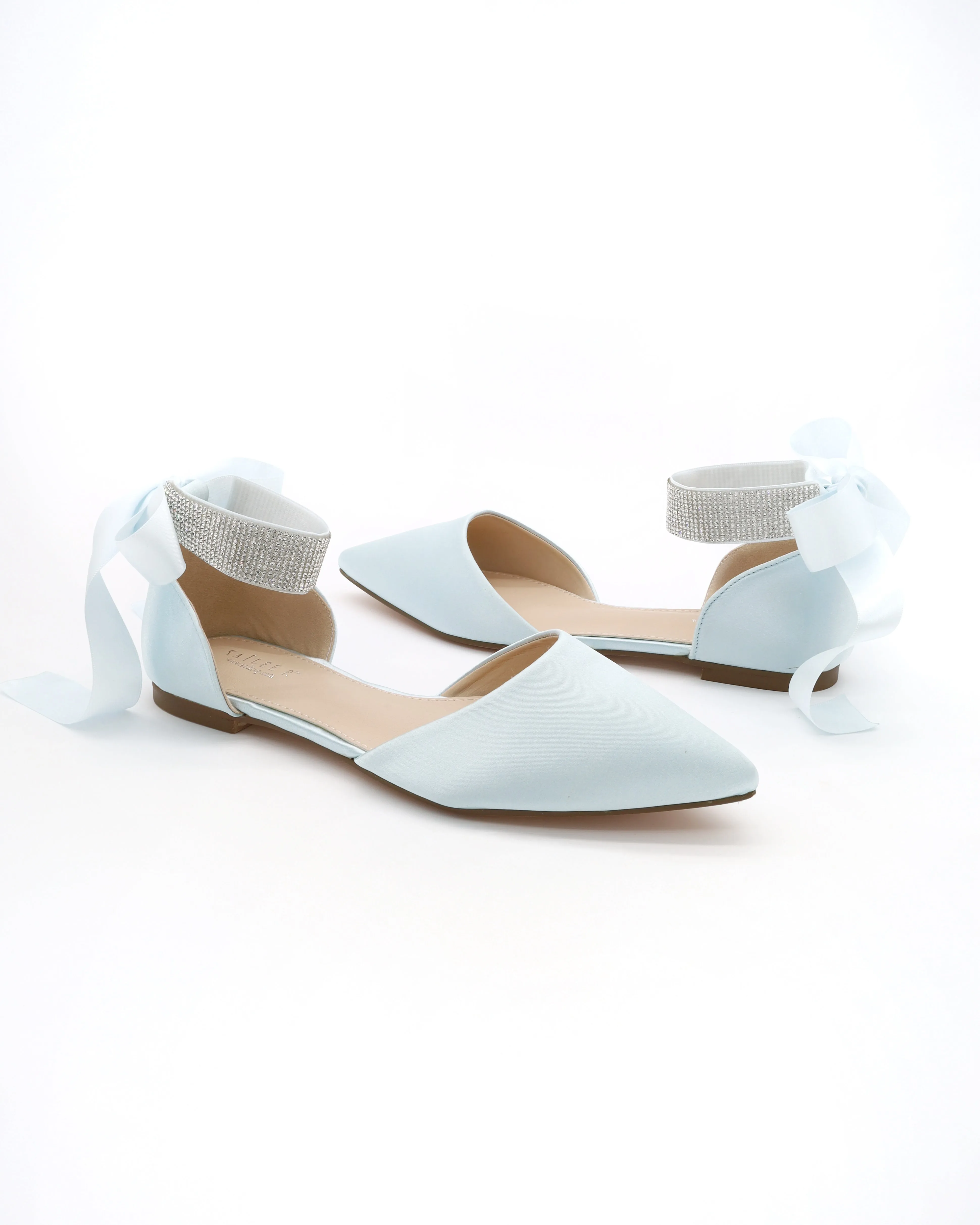 Satin Pointy Toe Wedding Flats with Rhinestones Strap