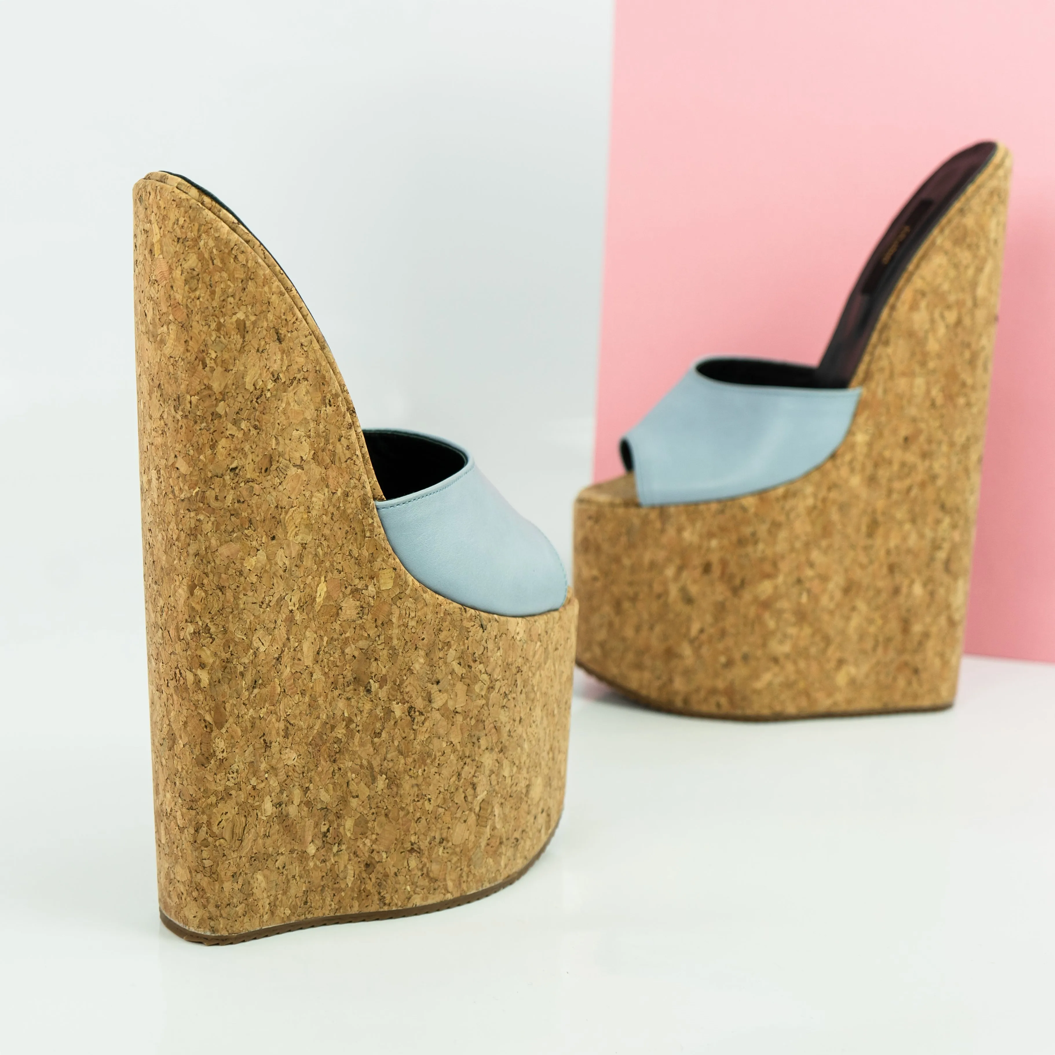 Soft Blue Cork Extreme High Heel Mules
