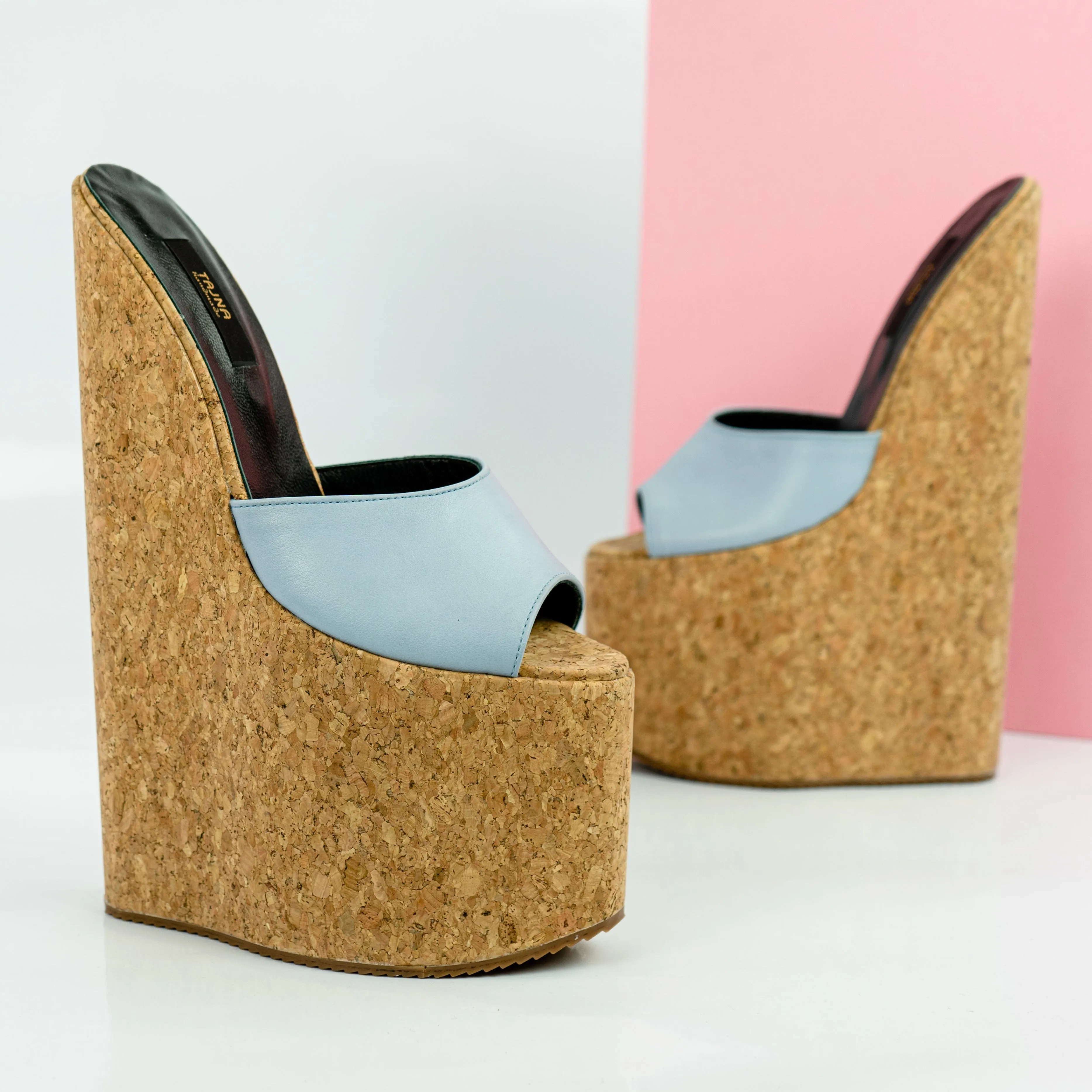 Soft Blue Cork Extreme High Heel Mules