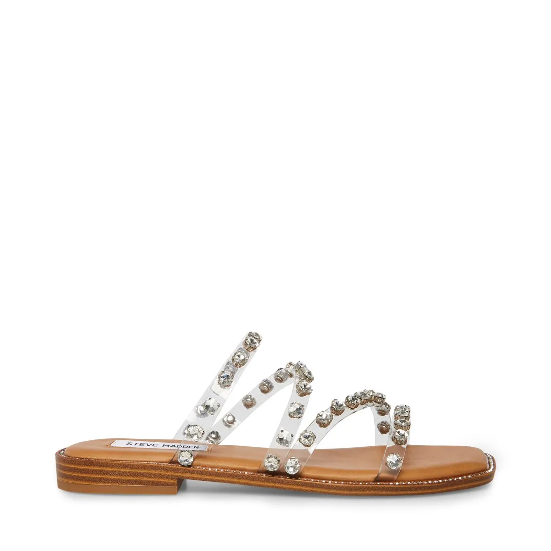 Steve Madden Skyler-P Clear Pyramid Embellished Slip On Square Toe Flat Sandals