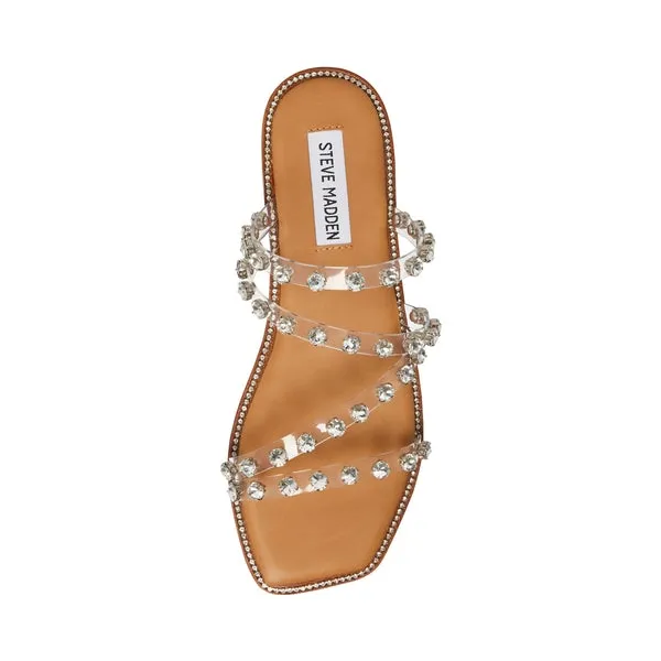 Steve Madden Skyler-P Clear Pyramid Embellished Slip On Square Toe Flat Sandals