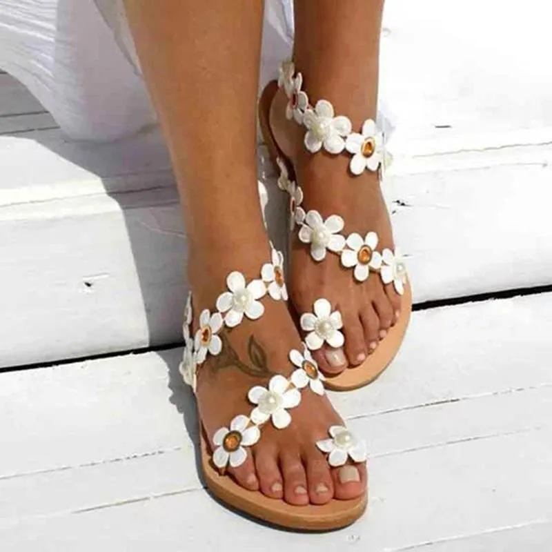 Women Boho White Flowers Casual Slip On Sandals