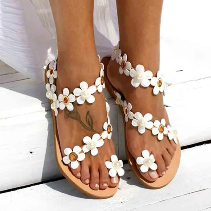 Women Boho White Flowers Casual Slip On Sandals